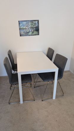 IKEA White Extendable Dining Table + Blue Chairs