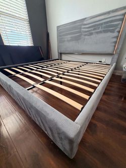 Grey upholstered king bed frame LED headboard