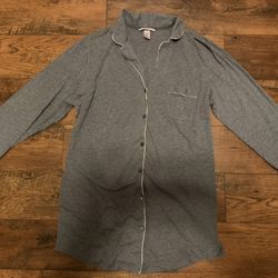 Victoria's Secret Long Sleeve Night Shirt Dress Gown Size L Grey with pink trim