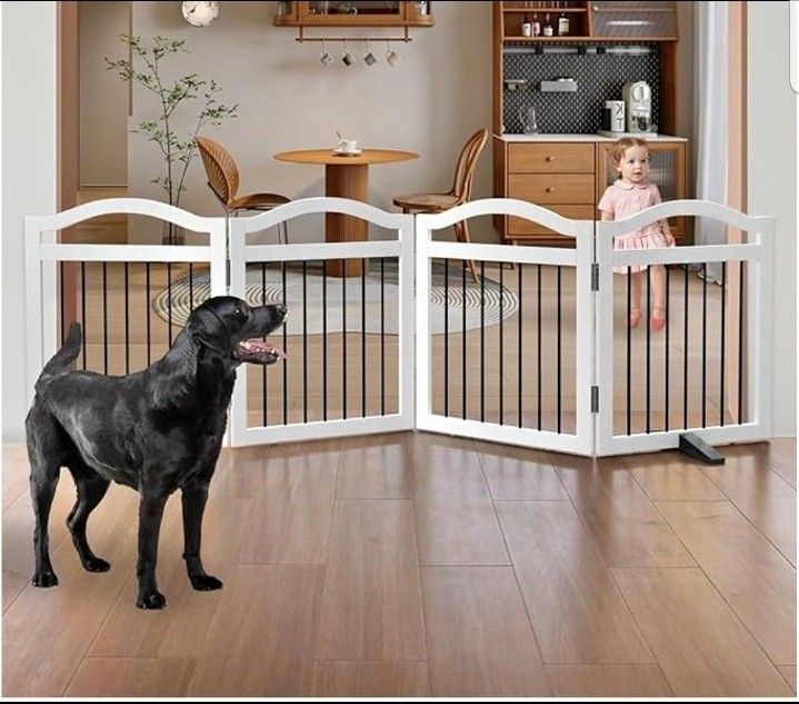Foldable Freestanding Indoor Dog Gate for Doorways Wooden White Pet Gate, 4 panels