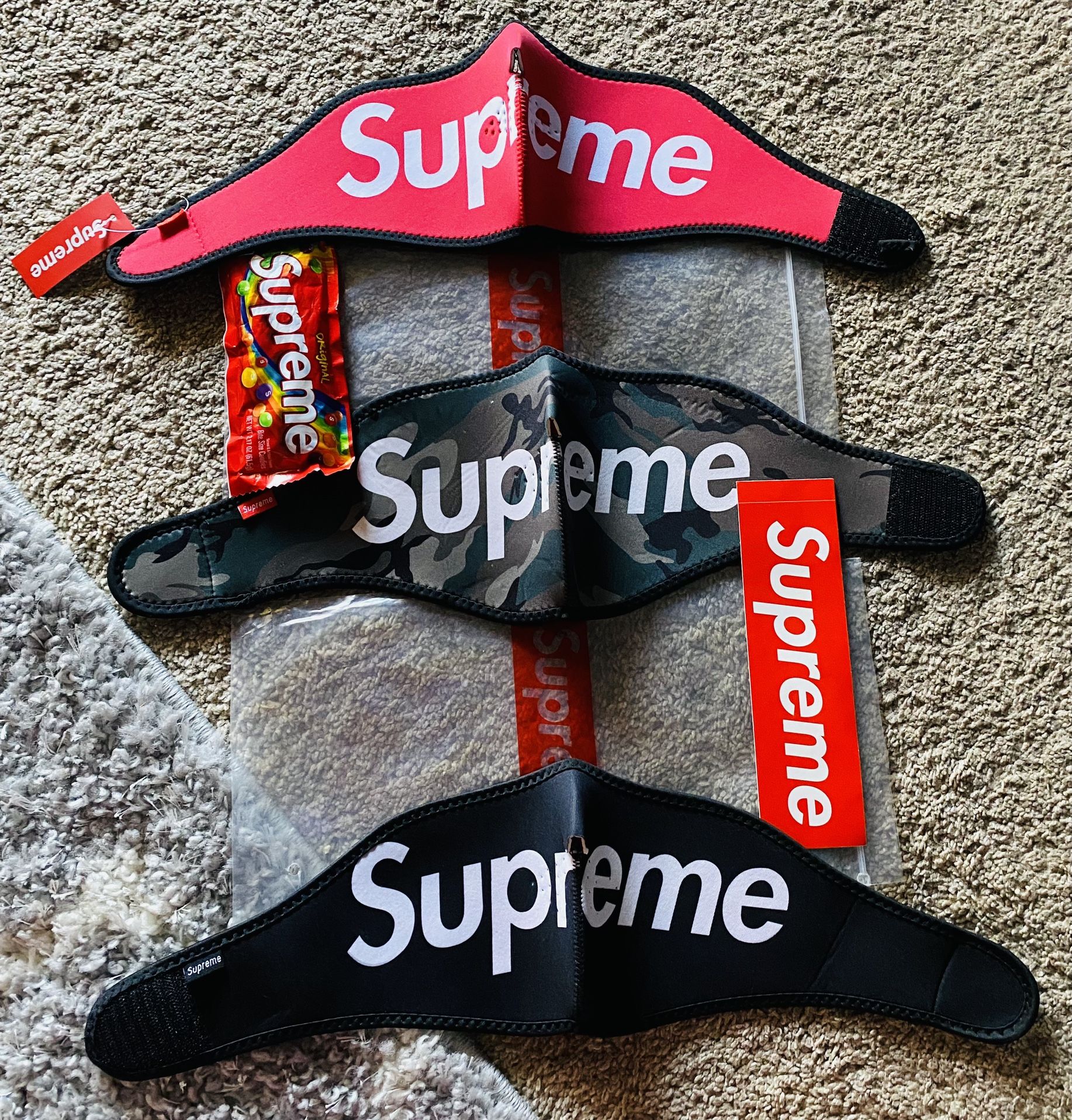 x3 SUPREME NEOPRENE Face Masks, Skittles & Sticker & 2 Bags * IN HAND * NEW OUTDOO SKI MOTOCROSS FW14