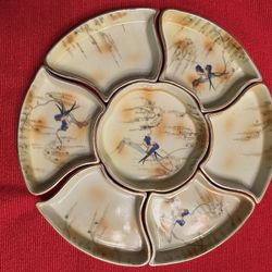 Vintage Japanese Hand Painted Divided Porcelain Serving Dish