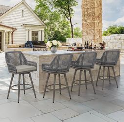 Set Of 4 Outdoor Bar Stools Set of 4, 360° Swivel Aluminum Rattan Bar Stool with Olefin Rope Curved Backrest and Armrest, Modern Barstools with Remova