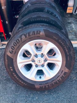245 70 R 17” Goodyear Wrangler HT Territory’s. On like new 2024 Toyota SR-5 alloys. As new. Low/No millage $650