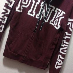 Victorias Secret Pink Full Zip Hoodie Women's SIze is  XS Maroon And White In Color. 
