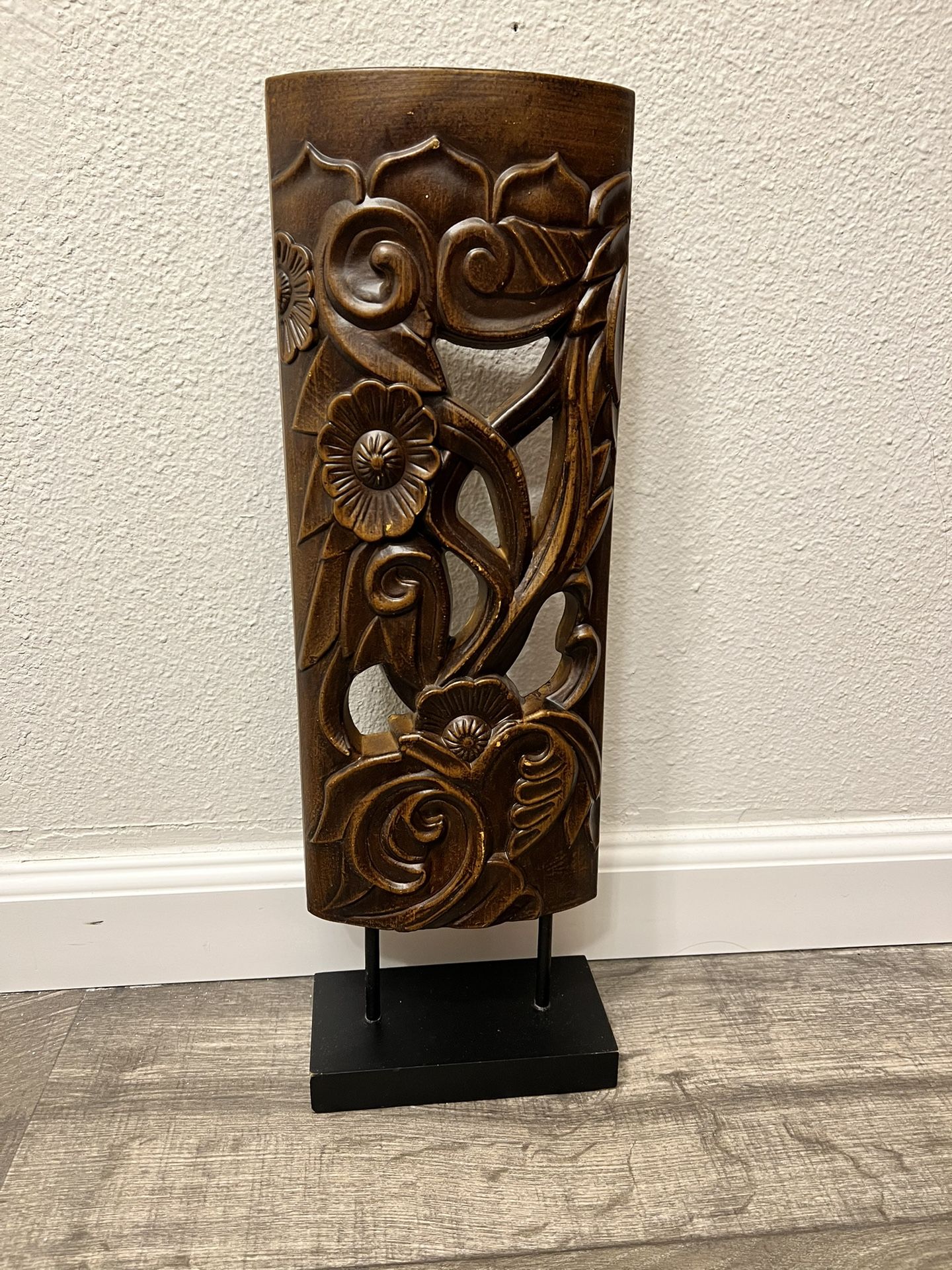 Floral Carved Panel Sculpture on Stand Dark Brown 19 x 6 inches