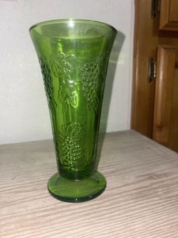 Green Depression Glass Vase with Grape Pattern