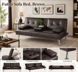 Futon Sofa  Bed with cup holder and pillows.  Faux leather  Espresso brown.
