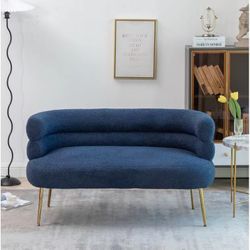 Modern Elegant Loveseat Sofa Creative Upholstered 2-Seater Sofa Couch with Round Back & Arm Stylish Wire Drawing Fabric Love Seats Couches with Gold L