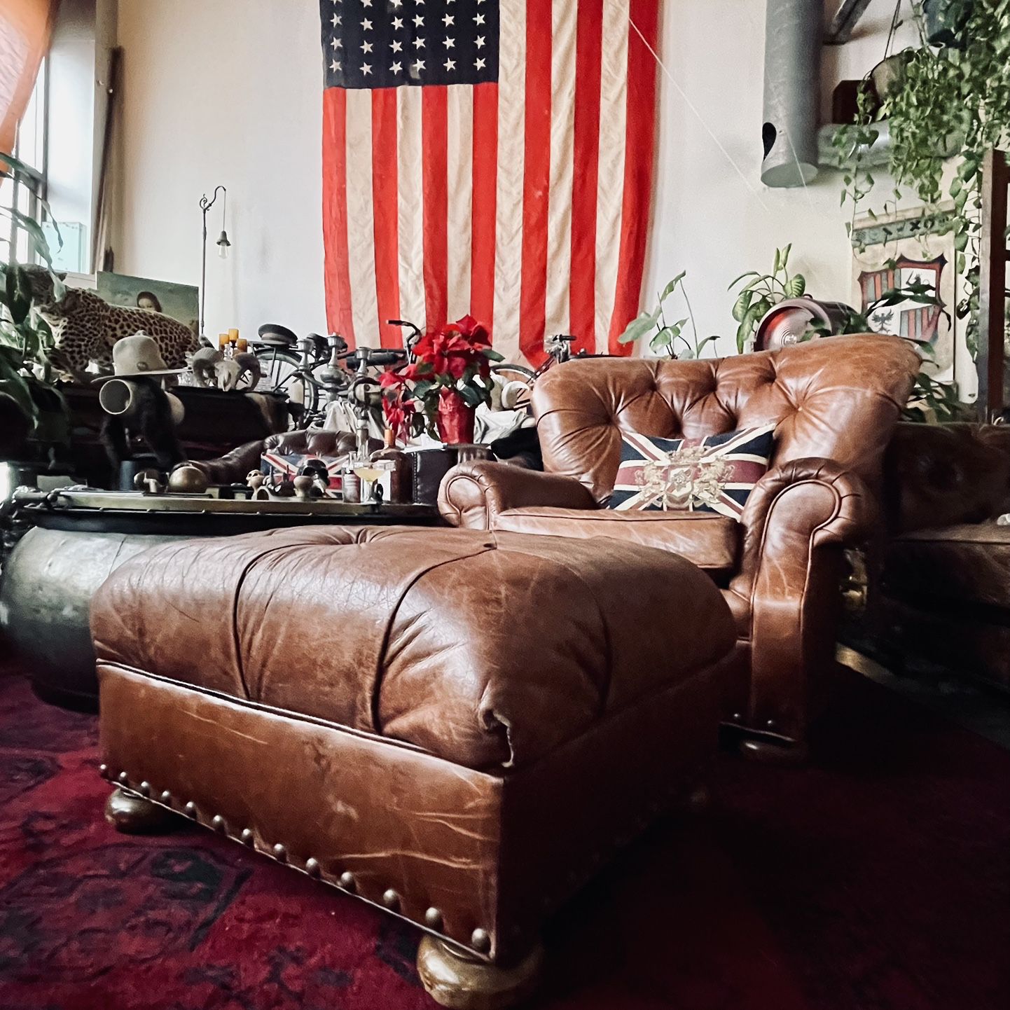 2 Restoration Hardware Vintage Cigar Brown Churchill Lounge club chairs set W/ matching Ottomans!