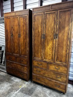 Pair of Henredon Tall Shelves Storage  Compartment Campaign Style Cabinets