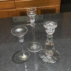 Eclectic Trio of Clear Crystal Taper Candle Holders