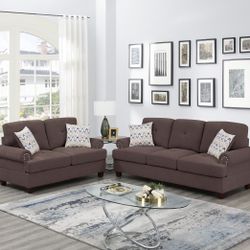 Brand New Brown Chenille Sofa & Loveseat (Pillows Included)