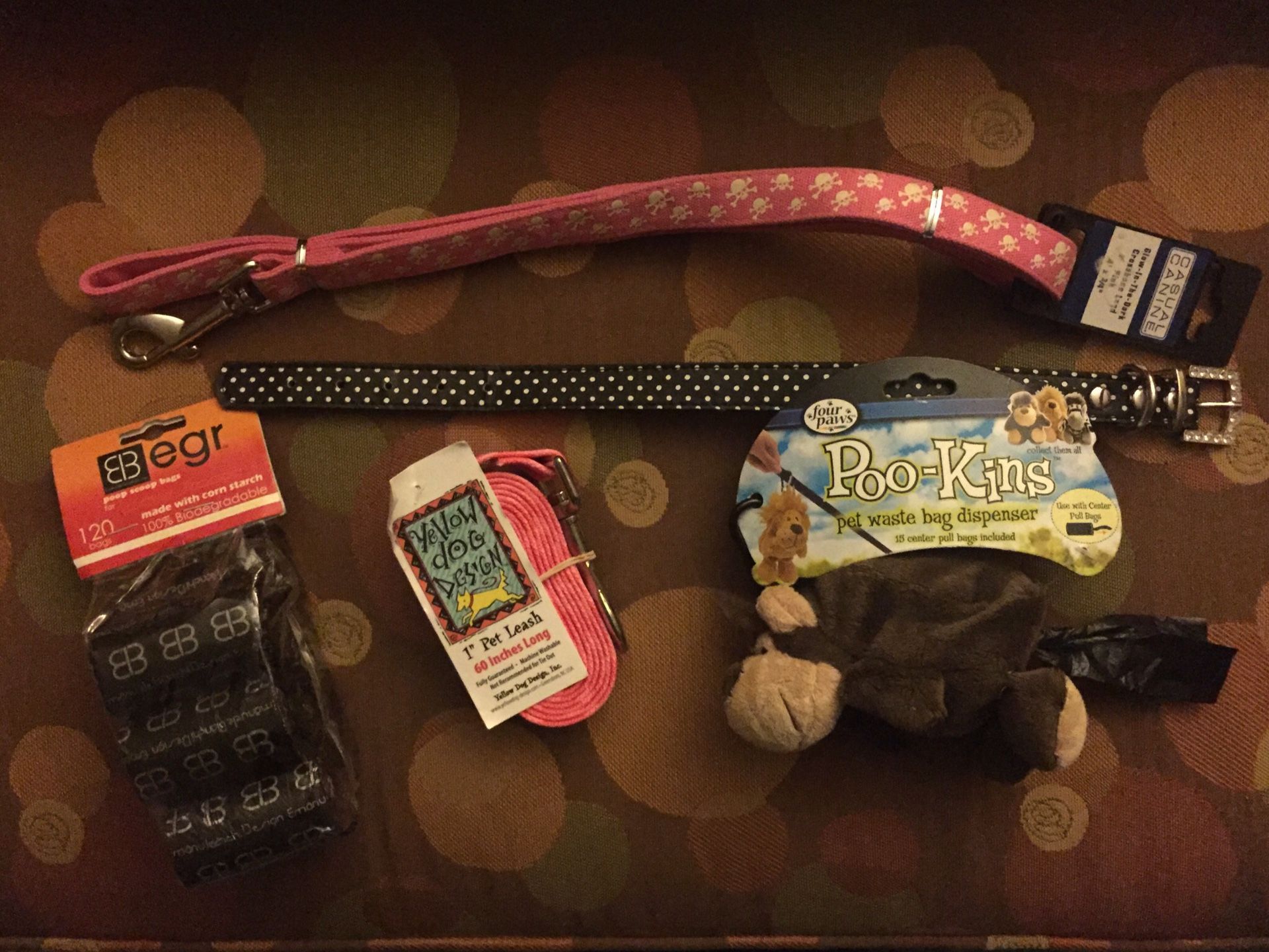 Dog leash and collar and poop scoops bag