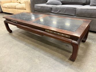Dark Finished Chinoiserie Coffee Table with Brass Accents and Black Stone Top Inserts