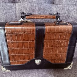 ♥️GORGEOUS Brown & black GENUINE LEATHER briefcase//Laptop bag//a crocodile-embossed pattern