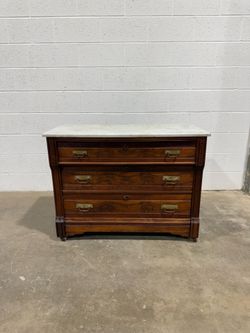 Antique Victorian Eastlake Burl Walnut Marble Top Dresser Chest Brass Pulls Original Casters 1870s 1880s