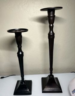 Pair of Elegant Expressions Bronze Pillar Candle Holders - 12" & 14Vintage Style