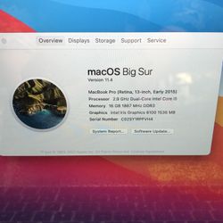 2015 Apple MacBook Pro i5 16GB RAM 128GB SSD Big Sur Webcam Backlit Keyboard WiFi HDMI 13.3”