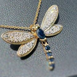 Jewelry 10k Solid Yellow Gold Blue Spinel Natural 0.50CTW Diamond Dragonfly Pendant Charm