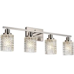4 Lights Brushed Nickel Vanity Light Modern Bathroom Light Fixtures with Hammered Glass Shades