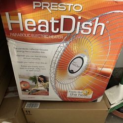 Presto HeatDish parabolic electric heater, focuses energy for efficient heating.