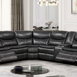 Brand New Grey Leather Super Plush Reclining Sectional Sofa 