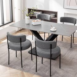 Grey Boucle Dining Chairs Set of 4, Upholstered Dining Room Chairs with Black Metal Legs, Round Modern Dining Chair for Dining Room, Kitch