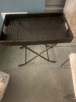 Dark brown woven wicker/rattan folding tray table or serving stand