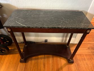 Side or entry table. Dimensions are 36 inches long 14 inches deep and 30 inches high. Green marble top Side or entry table. Dimensions are 36 inches l