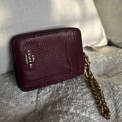 Coach Zip Card Case with Chain Strap Small wallet Wine / Gold 