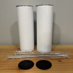 2 Pack Sublimation Tumblers Blanks 20 oz Skinny Straight Tumblers Bulk Stainless Steel Insulated Sublimation Cups with Lid and Straw, Gift Bo