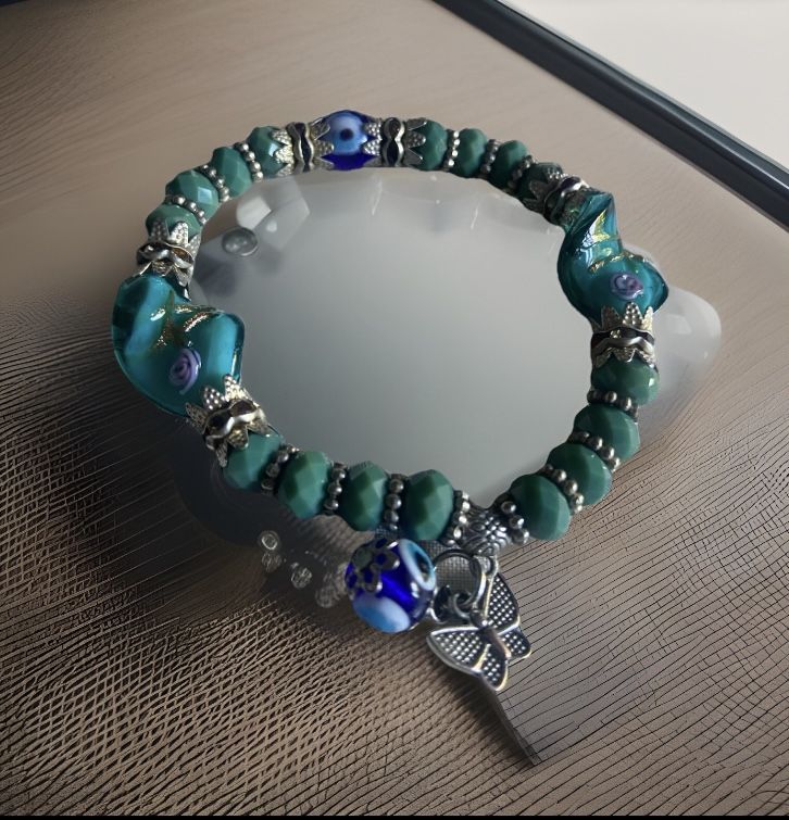 Butterfly Evil Eye Turkish Green Glass Beads Stretch Bracelet