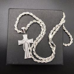 925 Sterling Silver 2.55CT Moissanite Cross Pendant Necklace Size 24”