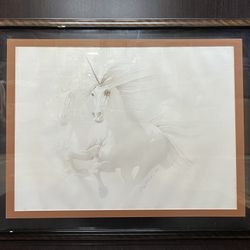 30% Off SALE Vintage 1980 Print of Painting “Unicorn”, Signed, Double-matted, glass-covered on front & back sides, custom Frame