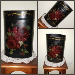 VINTAGE HAND PAINTED ONE STROKE TOLE FLOWER ROSE TRASH BIN GARBAGE CAN WASTE BASKET BATHROOM DECOR
