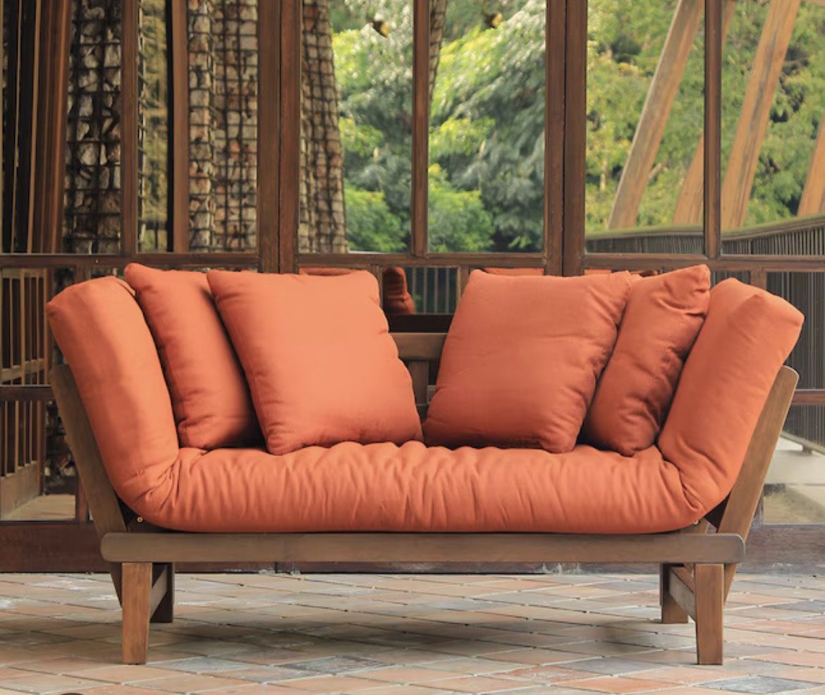Solid Wood Futon Sofa Daybed w/ Thick Orange Mattress & 6 Pillows - Like New! $350 · North Scottsdale