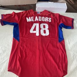 Game Used Mark Meadors Philadelphia Phillies Jersey MLB Milb Men 48 Red Bp