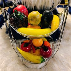 Silver Metal Fruit Basket 20 Blown Glass Pieces Of Fruit Included