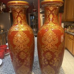 LOT OF (2)) Beautiful Red Glazed Gold Trimming Vases  9x24” Tall