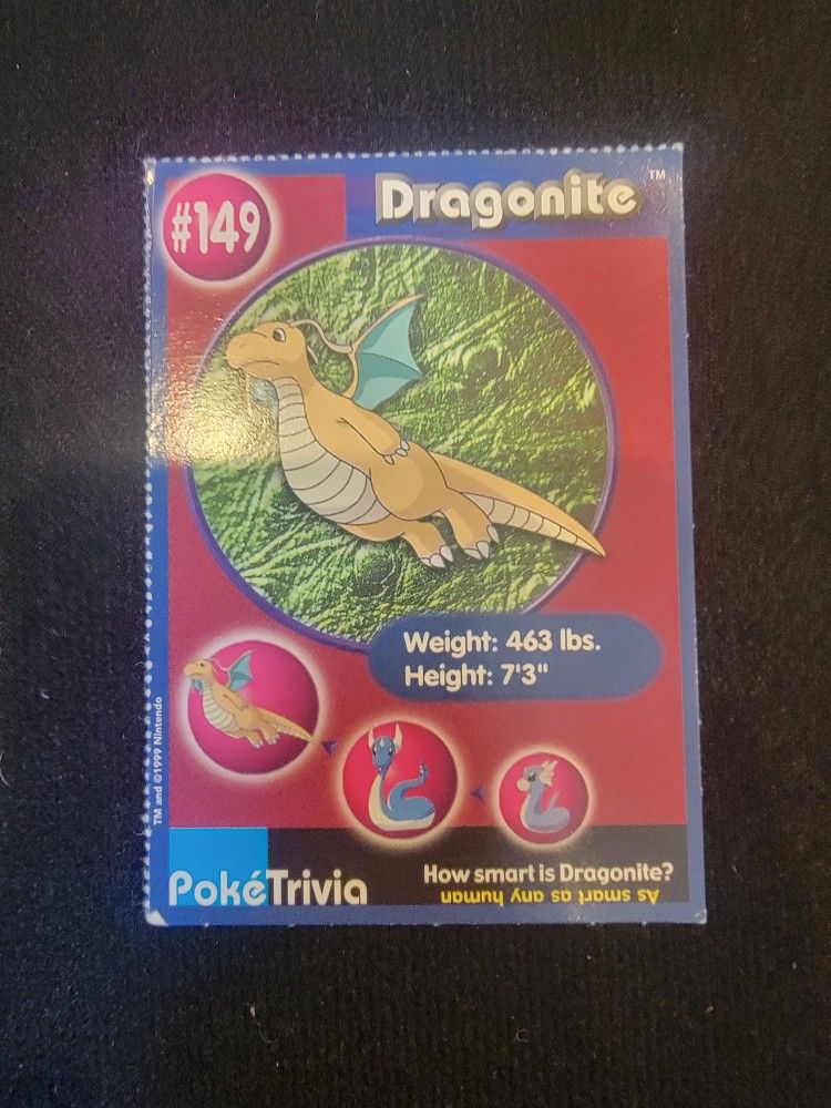 PokeTrivia Card #149 DRAGONITE, 1999 Burger King Promo, Pokemon Movie LP/NM