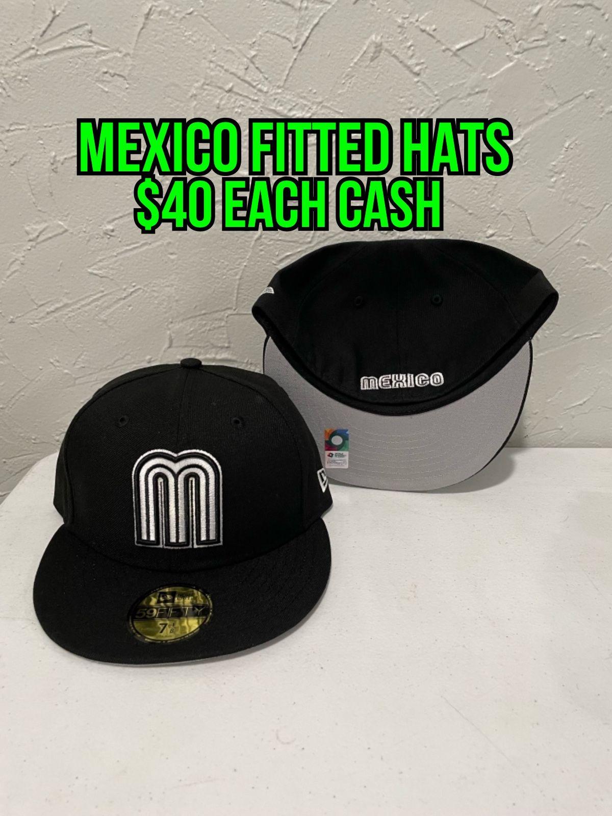 WBC World Baseball Classic Team Mexico Black White 59fifty Fitted Hats Size 6 7/8, 7, 7 1/8, 7 1/4, 7 3/8, 7 1/2 And 7 3/4