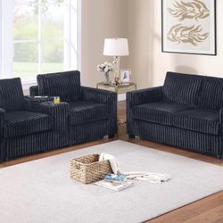 2PC Black Sofa & Loveseat w/ Cup Holders & Charging Station 