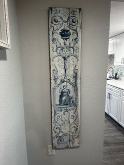 Blue and white French inspired tall vertical decorative wooden panel