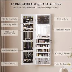 Vlsrka 47.2" LED Jewelry Mirror Cabinet, Wall/Door Mounted Jewelry Armoire Organizer with Full Length Mirror, Large Storage Hanging Cabinet, 4 Drawers