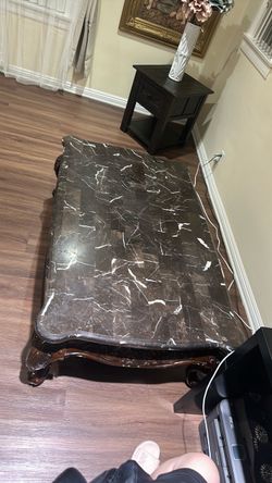 Marble Top Coffee Table with Carved Wood Base