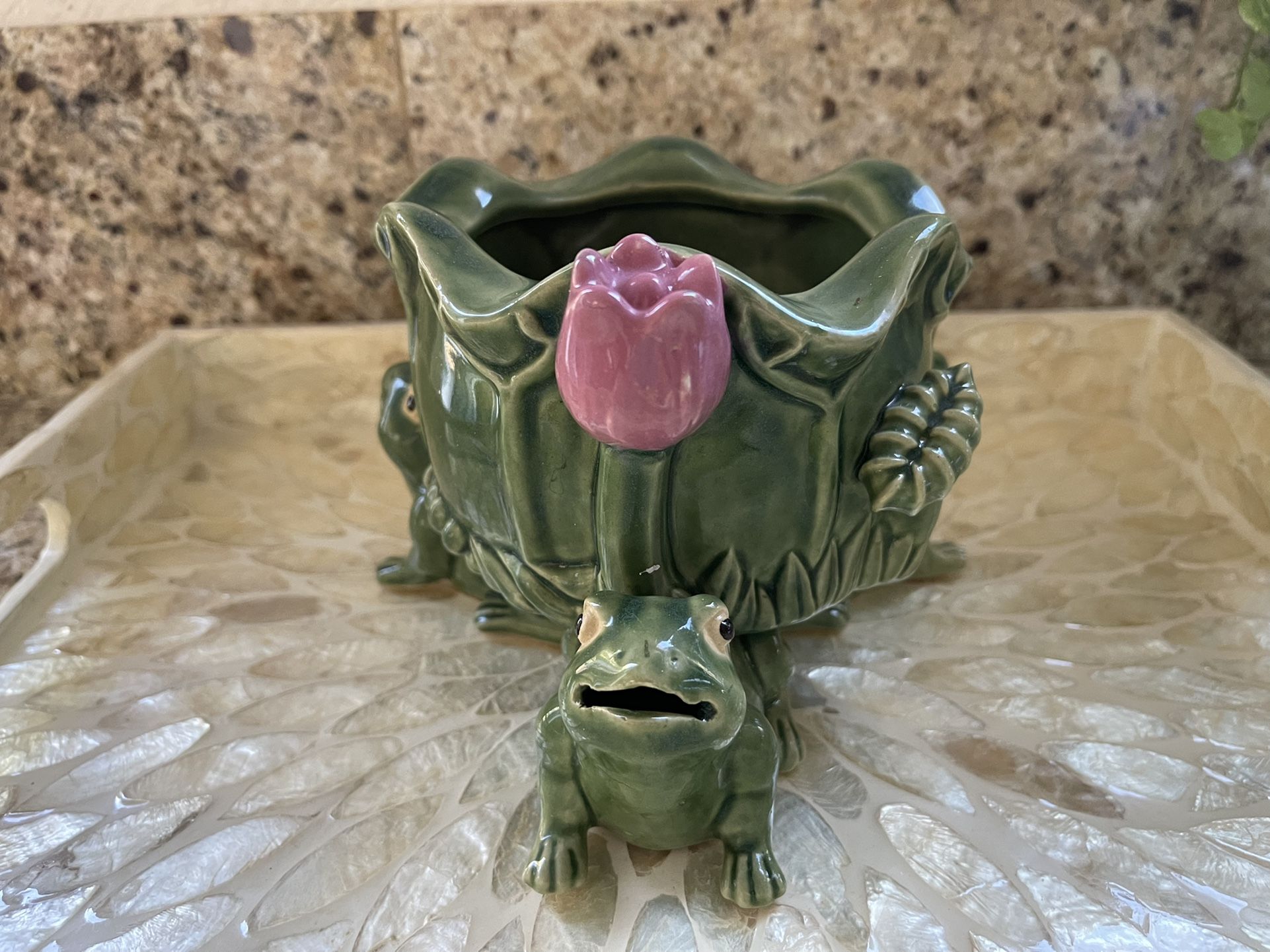Vintage Majolica Glazed Pottery Happy Frogs With Flower Planter Bowl Signed MCM