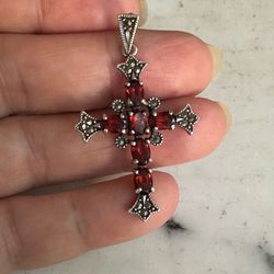 Vintage 925 Sterling silver genuine Garnet & Marcasite cross pendant , marked 925 AdI, beautiful , 6 oval garnets