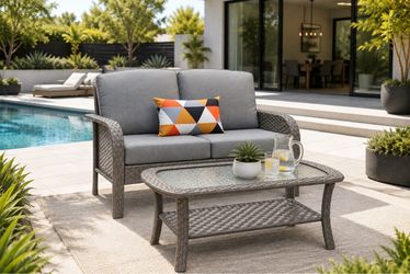 New Heavy Duty 2 Pieces Wicker Patio Furniture Loveseat with Table - Outdoor Rattan Patio Bistro Set of 2,All-Weather PE Wicker Conversation Sofa High