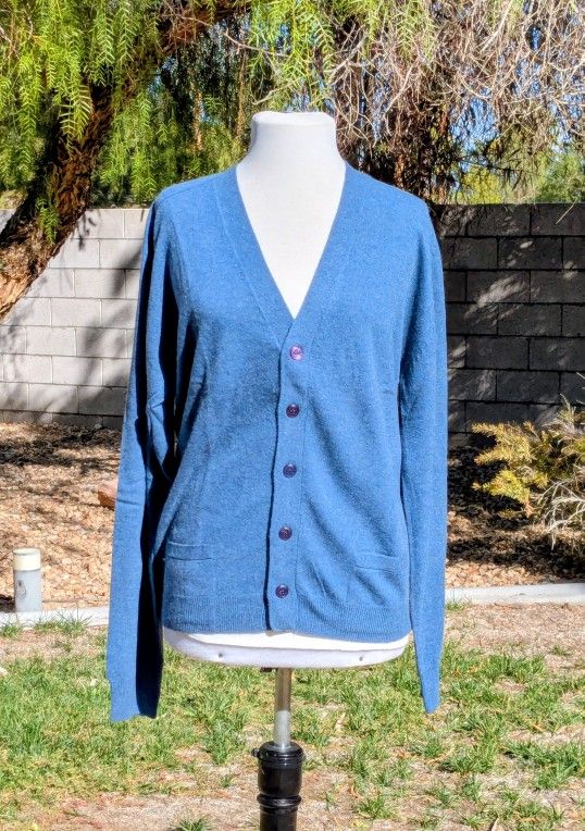 VTG Large Azure Blue 1980s Cashmere 5-Front Button Cardigan L/S Sweater Top EUC